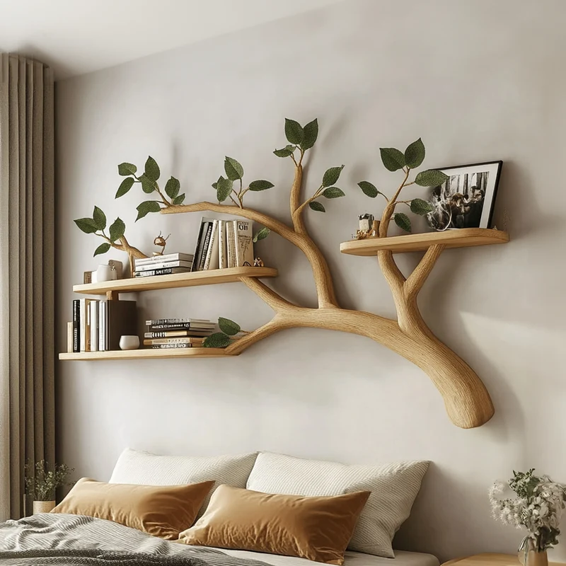 Spry Interior Mid Century Solid Wood Tree Branch Wall Floating Shelf, Modern Artistic Bookshelf for Living Room, SINLKITBS046