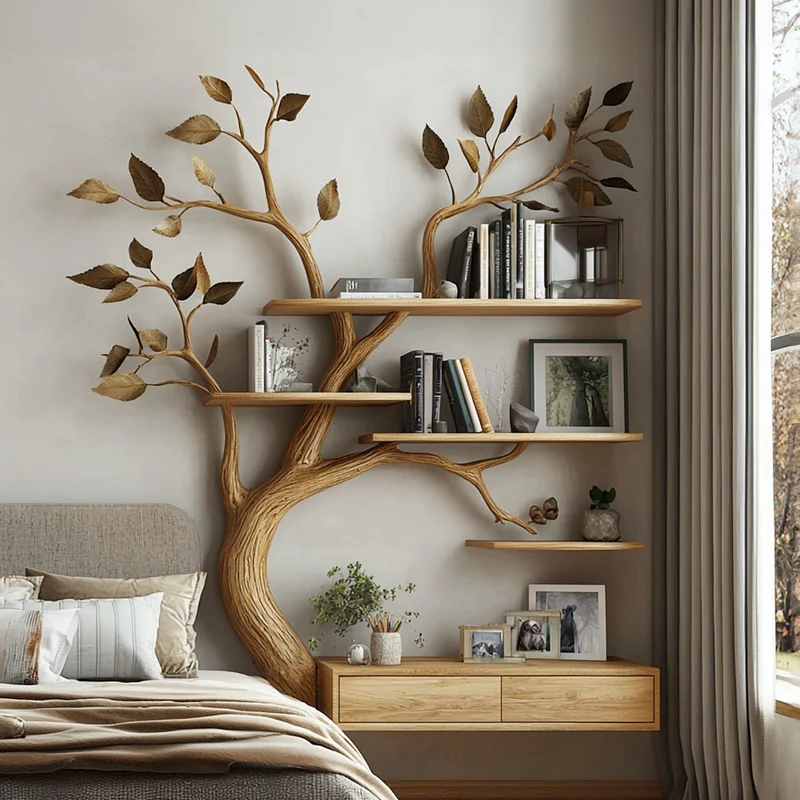 Spry Interior Rustic Tree Bookshelf Vanity, Solid Wood Bedroom Wall Cabinet Organizer & Organic Decorative Display, SINLKITBS072