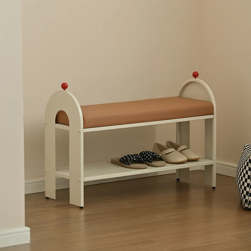 Contemporary Nordic Iron PU Leather Sponge Arched Rectangular Shoe Bench Armrest Backless For Entryway & Hallway