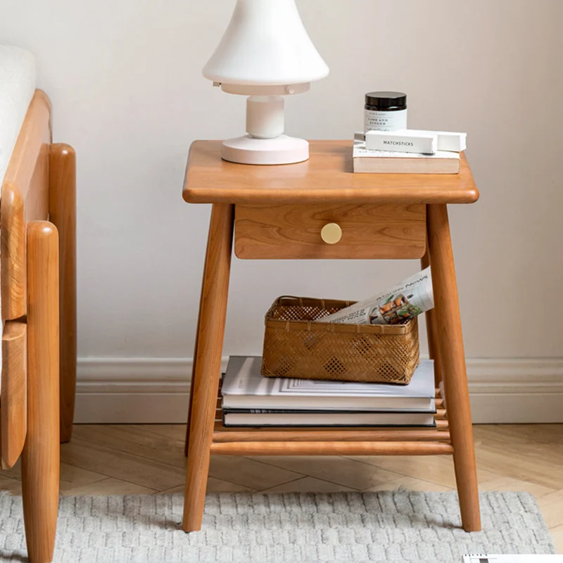 Traditional Rustic Cherry Wood Paulownia Wood Trapezoidal Sturdy Side Table 1-Drawer For Living Room & Bedroom