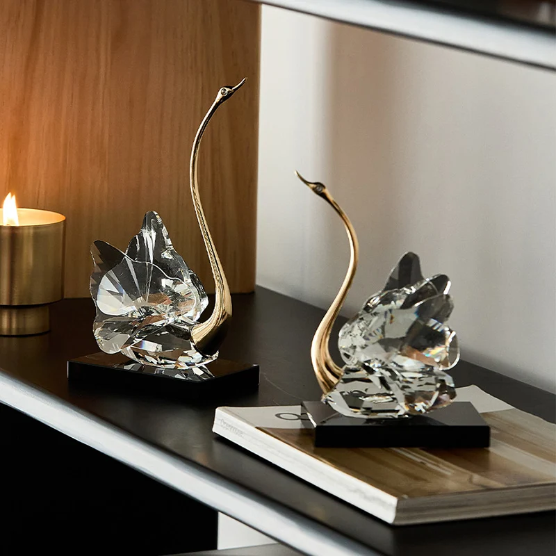 Modern Luxury Crystal Glass Metal Swan Figurine Set Decorative Sculpture Desk Decor For Living Room