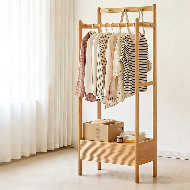 Traditional Japanese Beech Wood Solid Paulownia Wood & Plywood Rectangular Wooden Hall Tree Clothes Organizer With Drawer For Bedroom