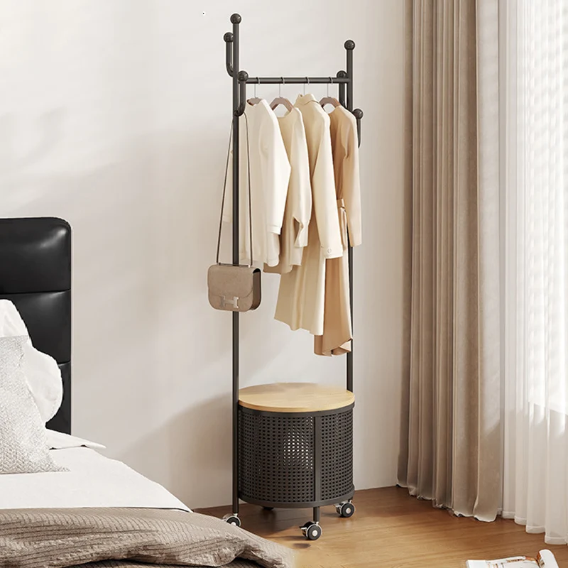 Contemporary Nordic Carbon Steel Plywood Round Hall Tree Mobile Clothes Organizer With Basket For Bedroom