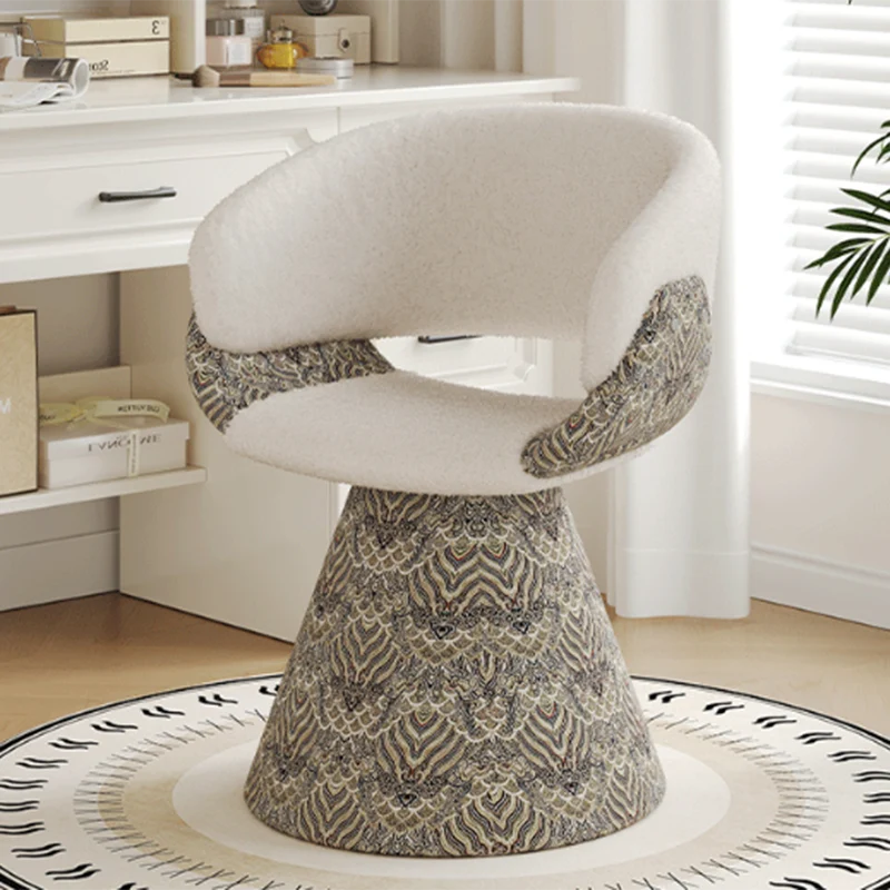 Contemporary Scandinavian Pine Wood Faux Rabbit Fur Faux Nappa & PU Leather Linen Chenille Arc Rotatable Vanity Stool Backrest Armrest For Bedroom