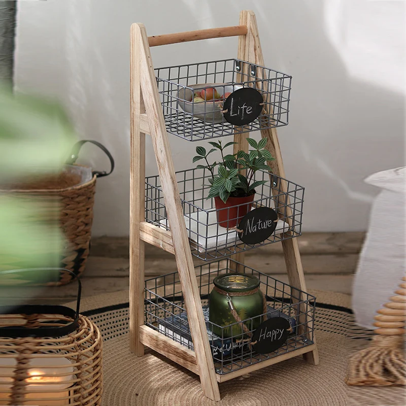 Modern Minimalist Iron Fir Wood Triangular Storage Shelf 3-Basket For Living Room
