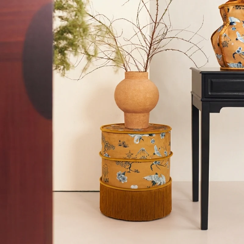 Traditional Chinese Chenille Pine Wood Cylindrical Removable & Washable Design Vanity Stool Backless Armless For Bedroom