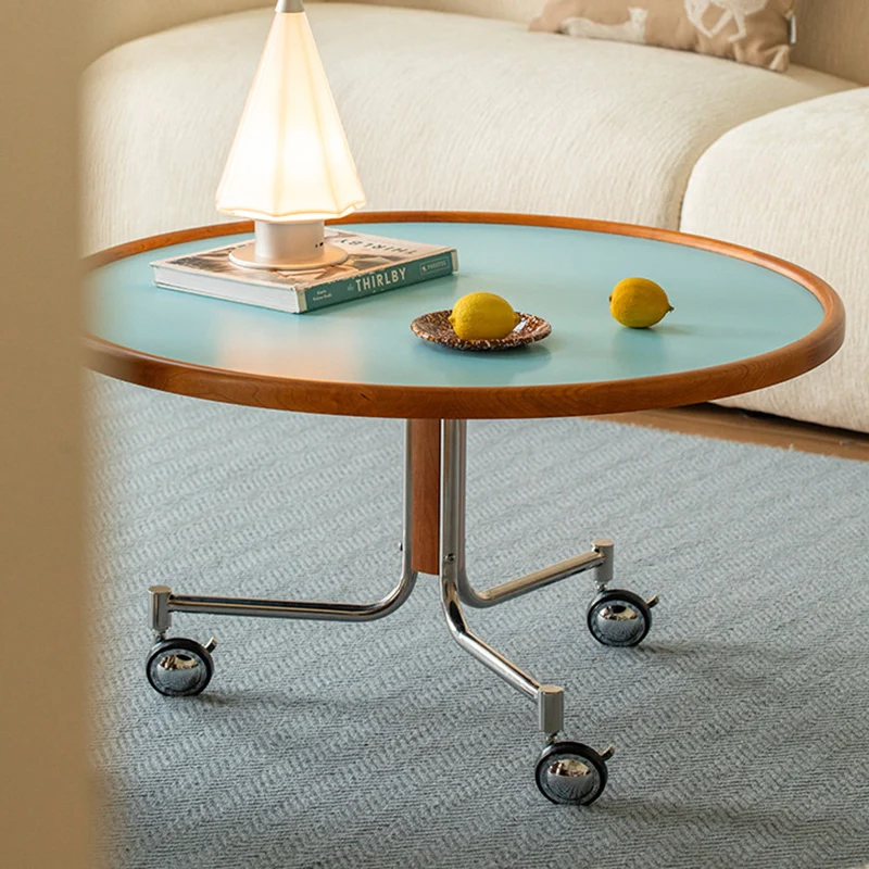 Traditional Vintage Cherry Wood Stainless Steel Composite Board Round Movable Coffee Table 1-Tier For Living Room