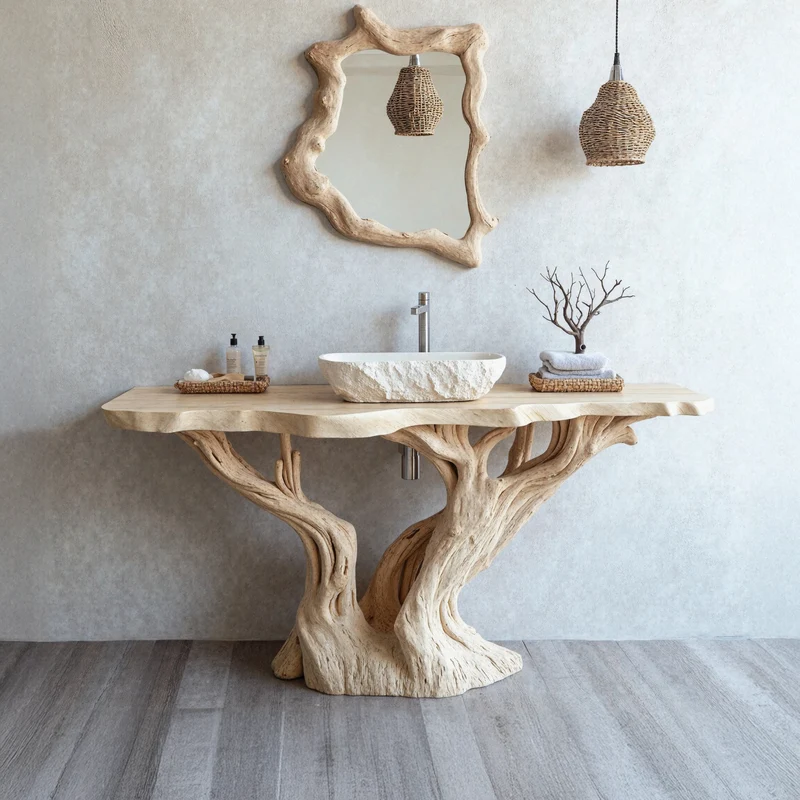 Handcrafted Solid Wood Bathroom Vanity With Natural Finish SILDTBRV102