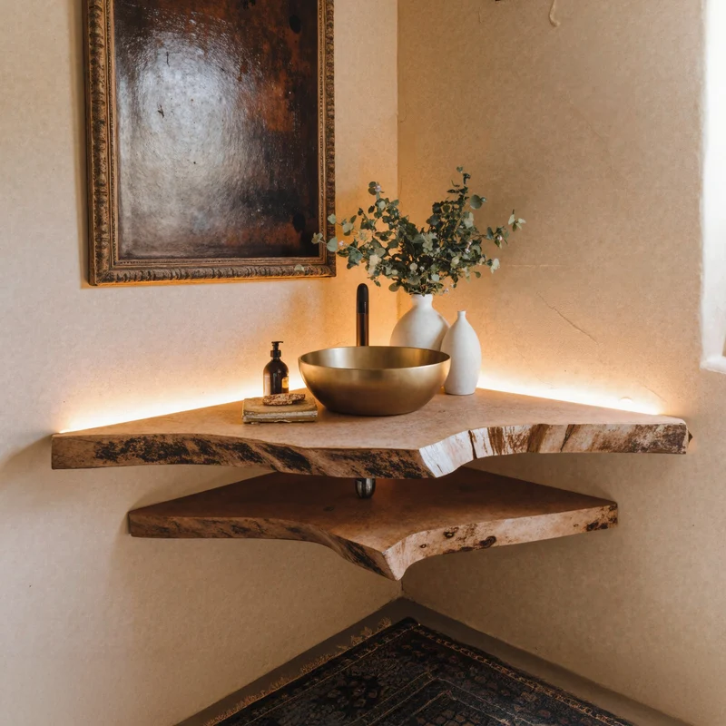 Live Edge Wood Corner Bathroom Vanity Shelf SILDTBRV071