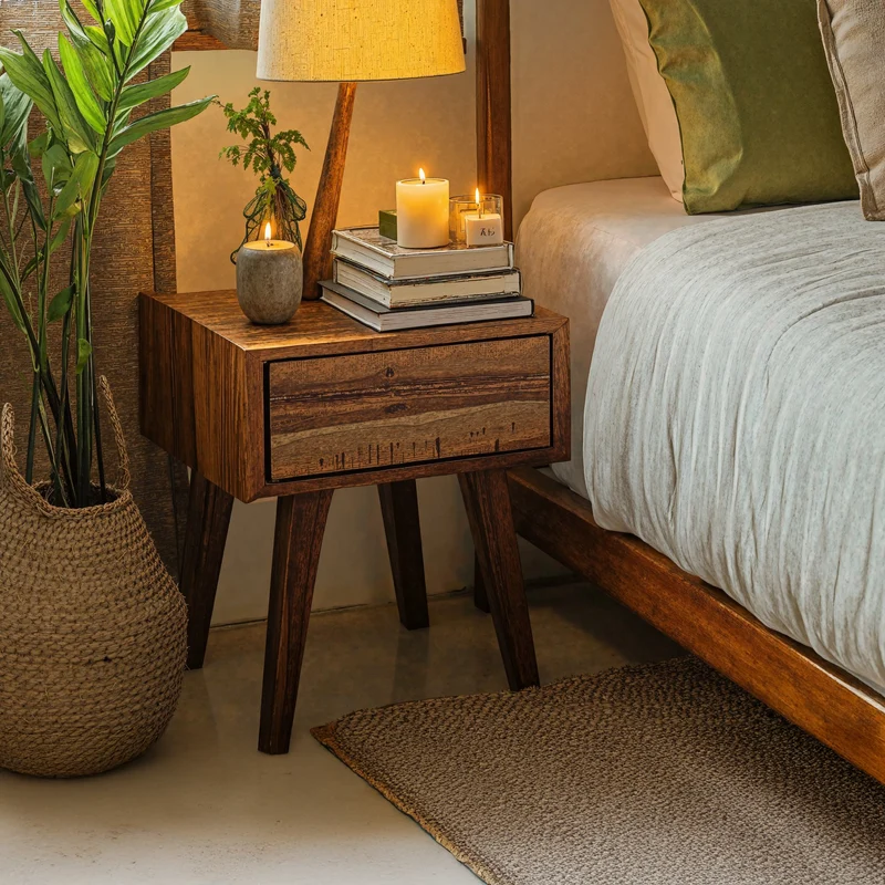 Spry Interior Handcrafted Rustic Wood Nightstand with 4 Legs, Solid Wood Bedside Table End Console for Bedroom Storage, SILDTNS018