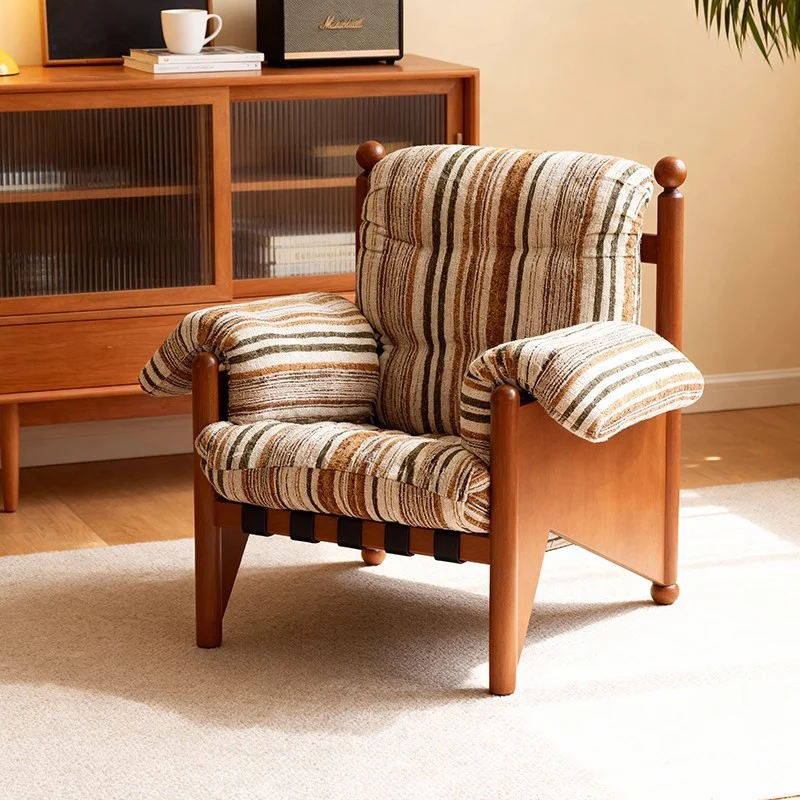 Contemporary Nordic Rectangular Oak Fabric Accent Chair Backrest Armrest For Living Room