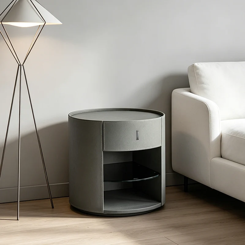 Contemporary Circular Round Bedside Table - Microfiber Leather 1 Drawer Nightstand For Bedroom