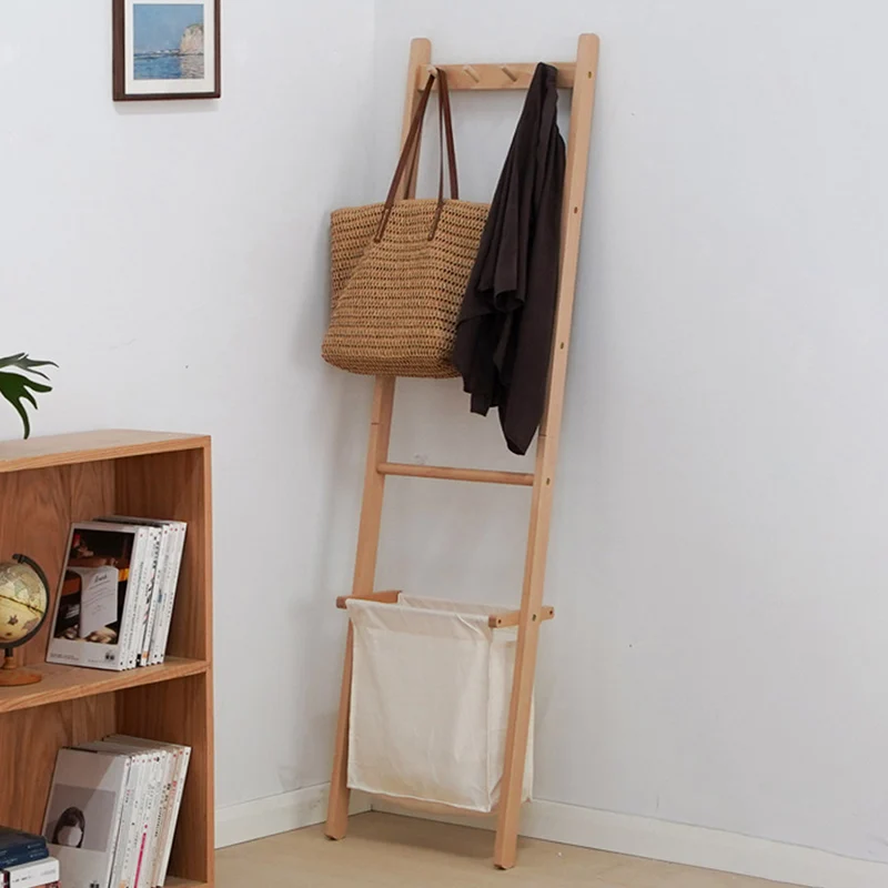 Traditional Japanese Solid Wood Rectangular Coat Rack With Basket Space-Saving Freestanding Hall Tree For Bedroom