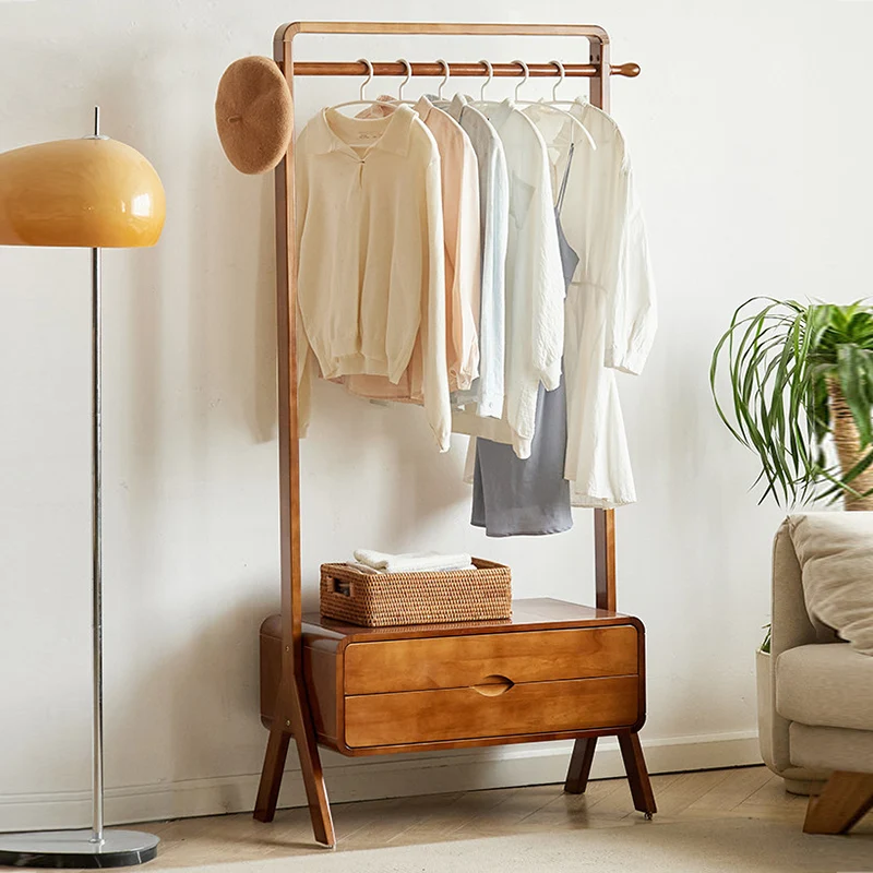 Contemporary Nordic Solid Wood & Plywood Rectangular Coat Rack With 2 Drawers Space-Saving Freestanding Clothes Rack For Bedroom