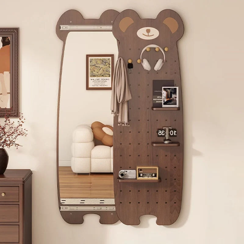 Contemporary Creative Particleboard Glass Bear-shaped Sliding Wall Mirror With DIY Pegboard Storage For Bedroom & Living Room