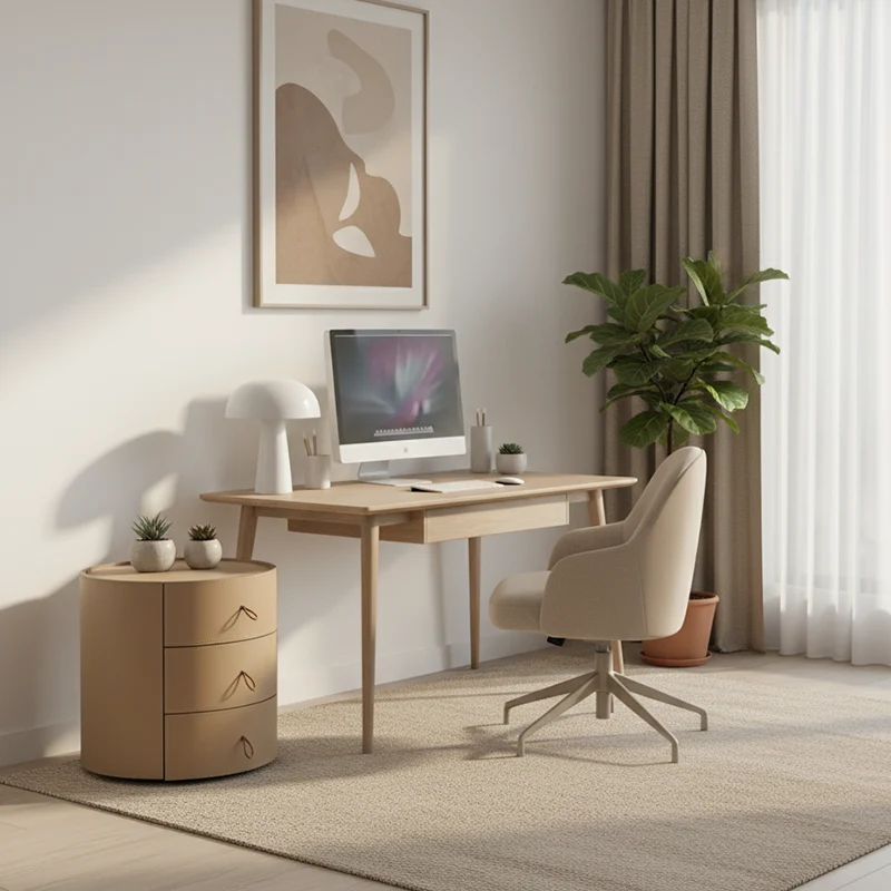 Contemporary Beige Saddle-Style Faux Leather Bedside Table - Cylinder Round 3 Drawers Nightstand For Bedroom
