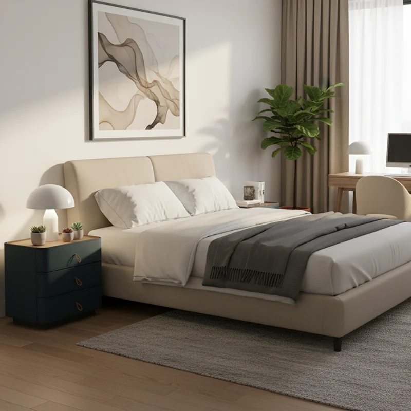 Modern Luxury Rounded Corner Curved Side Table - Saddle-Style Faux Leather 3-Drawer Nightstand For Bedroom