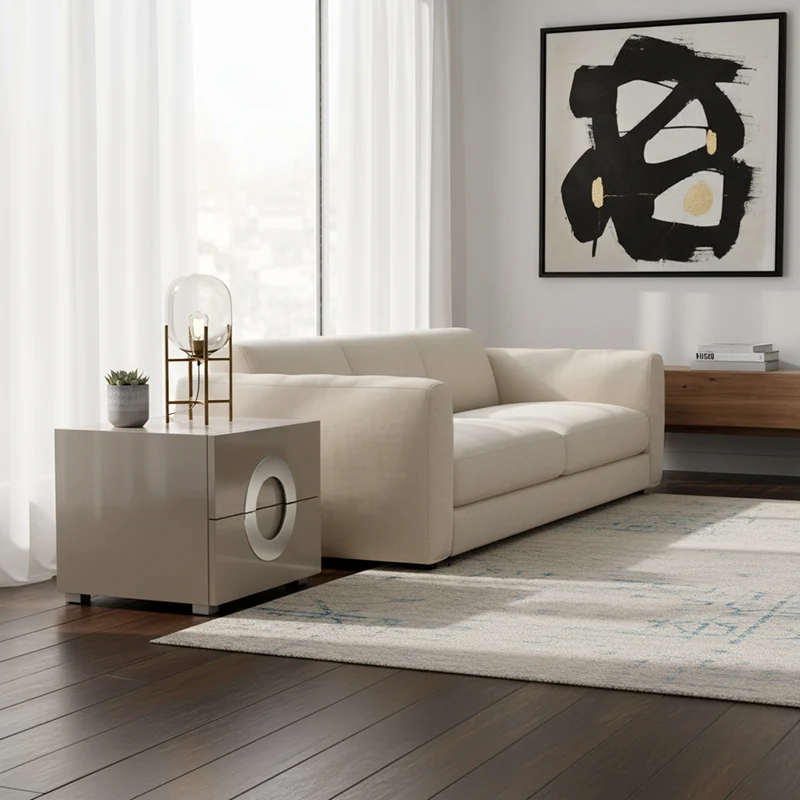 Modern Minimalist High-Gloss Unique Round Handle Bedside Cabinet - 2 Drawers Nightstand For Bedroom