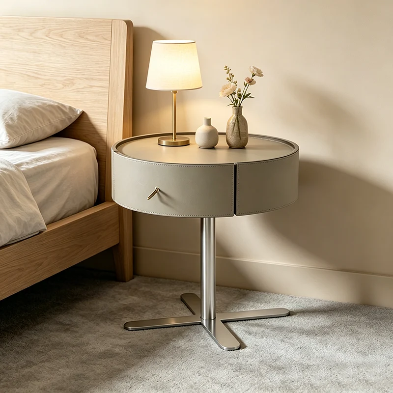 Contemporary Round Floating Nightstand With 1 Drawer - Saddle-Style Faux Leather Bedside Table For Bedroom