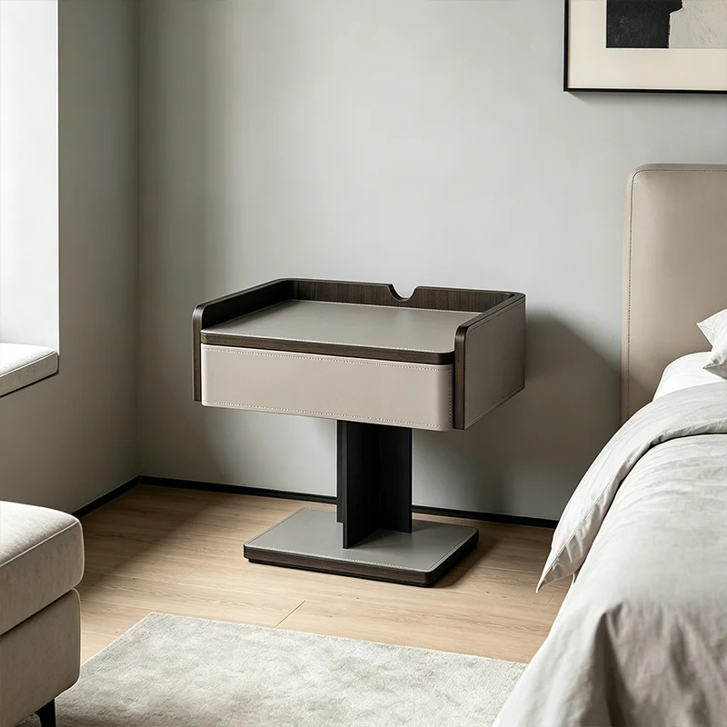 Contemporary Soft-Touch Saddle-Style Faux Leather End Table - Floating 1 Drawer Nightstand For Bedroom