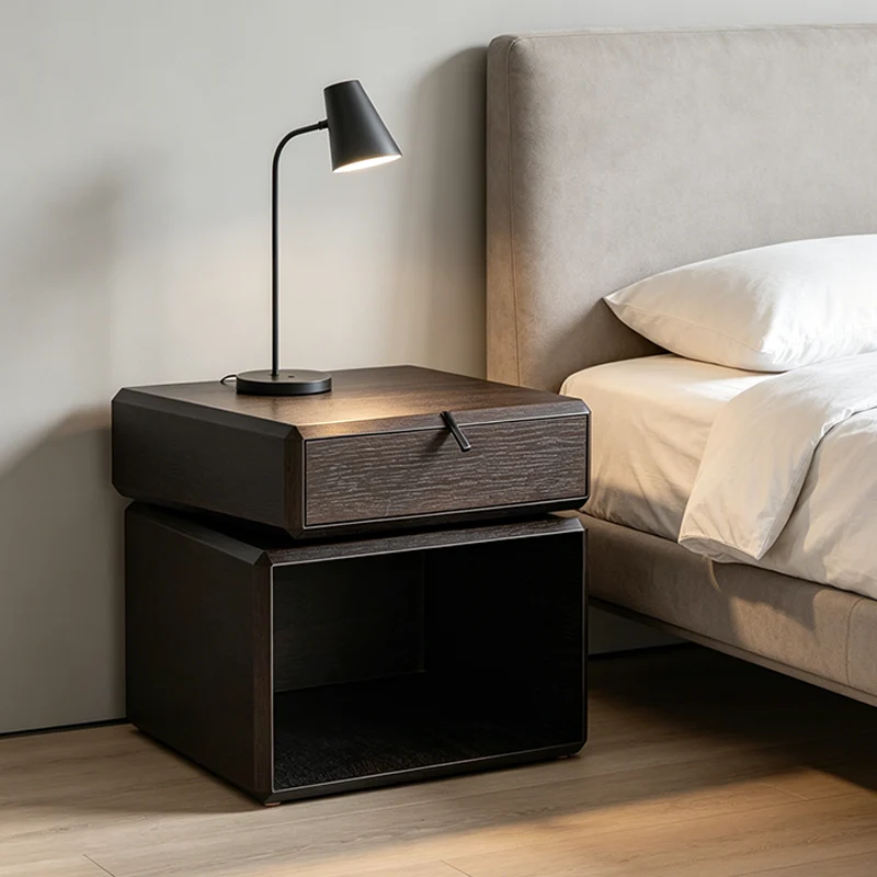 Traditional Chinese Clean Geometry Veneered Plywood Bedside Table - 1 Drawer Nightstand For Bedroom