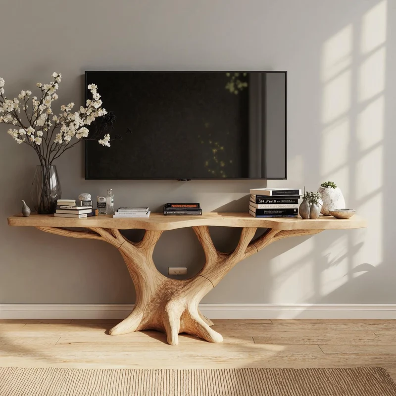 Spry Interior Rustic Handcrafted Solid Wood TV Console, Mid-Century Media Entertainment Stand for Living Room, SILDTTVC027