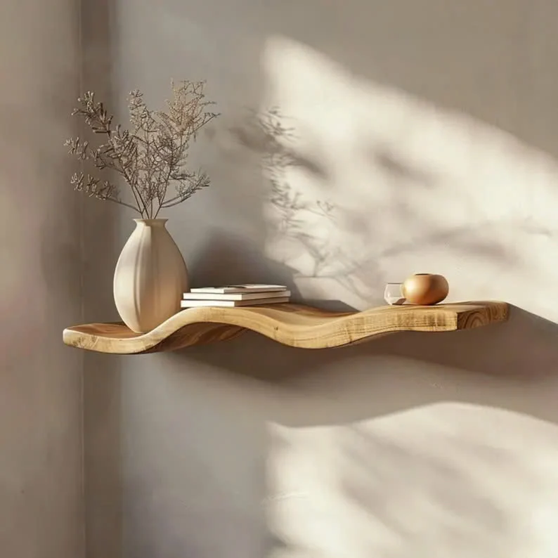 Rustic Wavy Floating Shelf Live Edge Decorative For Living Room SINLWV007