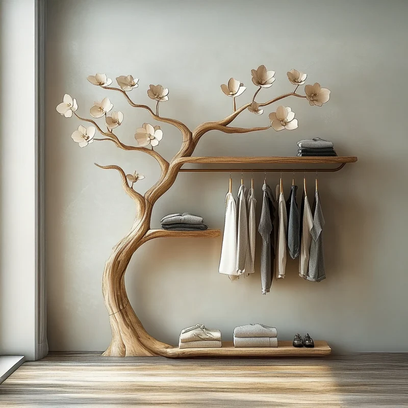 Rustic Tree Branch Rack Wall Mounted Floating Shelf Tree Hanger Clothes SINLTB136