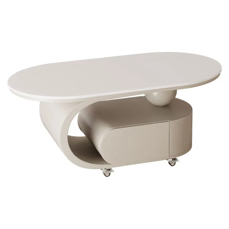 Modern Minimalist Sintered Stone Carbon Steel C-Shape Oval Movable Coffee Table With 1-Drawer For Living Room