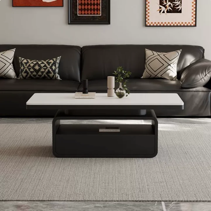 Traditional Vintage Sintered Stone High Carbon Steel Plywood Rounded Rectangle Coffee Table With 2-Tiers For Living Room
