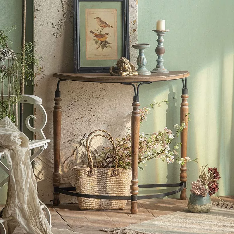 Traditional French Cedar Iron Half-Round Console Table For Entryway