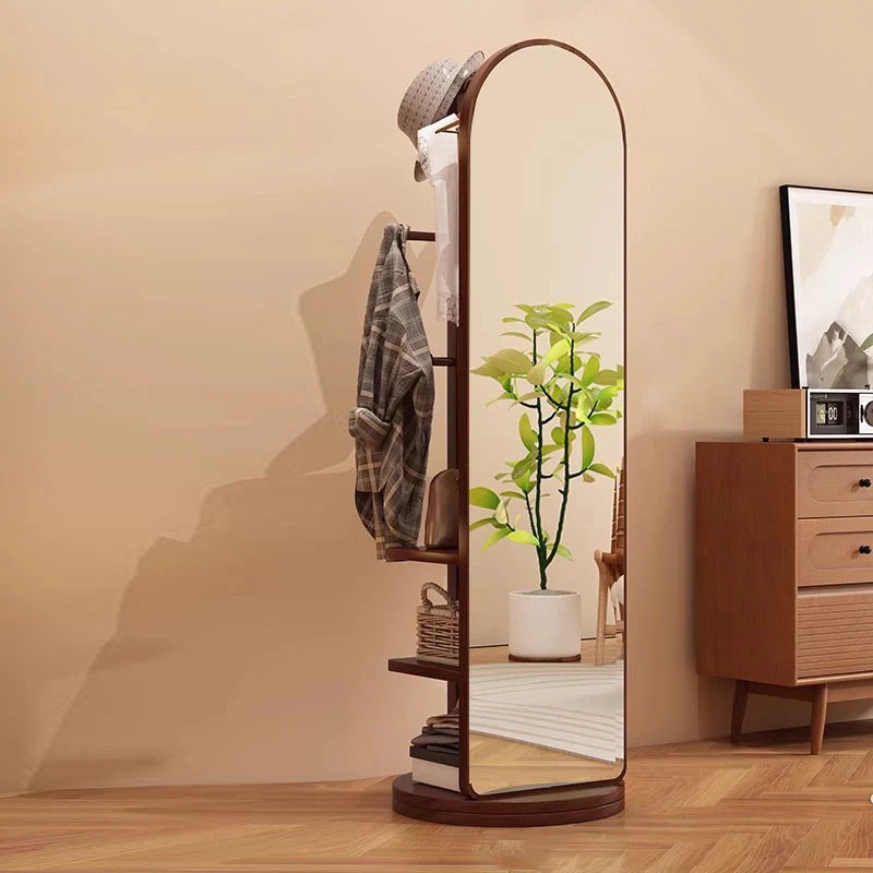 Modern Minimalist MDF Round Oval Swivel Full-Length Floor Mirror 3-Tier Storage & Clothes Hanger For Bedroom & Living Room