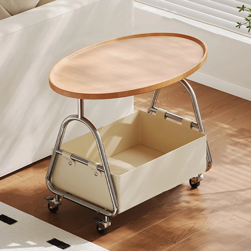 Modern Minimalist Stainless Steel & MDF PU Leather Oval Mobile Sofa Side Table 2-Tier Storage Basket For Living Room