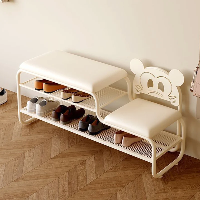 Contemporary Creative PU Leather Iron Rectangular Cartoon Shoe Bench 2-Tier Spacious Seat For Entryway