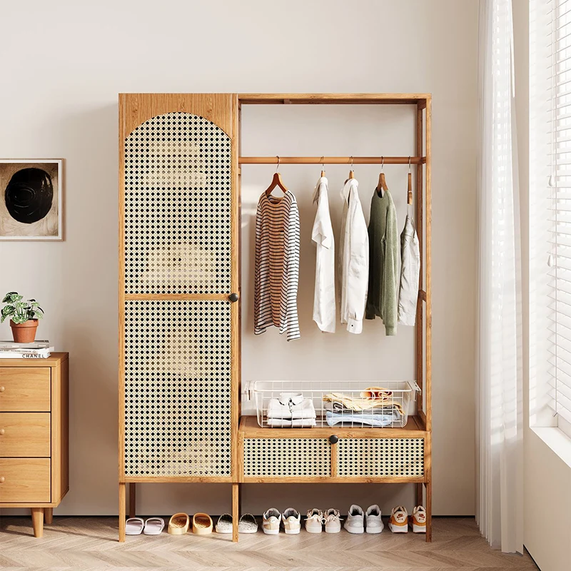 Traditional Japanese Nan Bamboo MDF Plastic Rattan Rectangular Weaving Hall Tree 4-Cabinet For Bedroom & Living Room
