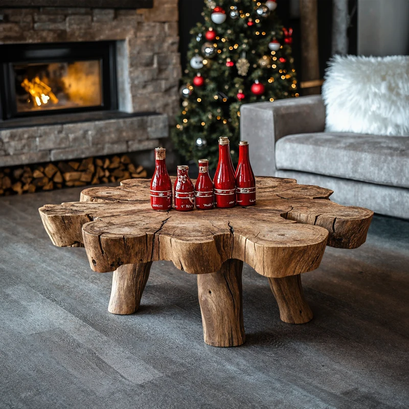 Spry Interior Reclaimed Wood Coffee Table, Handcrafted Solid Wood Live Edge Center Table for Christmas Holiday Decor, SILDTCFC002