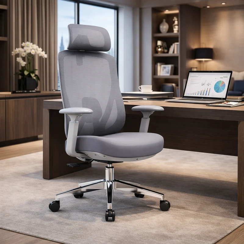 Modern Minimalist Grey High-Back Mesh Executive Chair - 4D Adjustable Headrest & Tilt Ergonomic Office Chair For Home Office