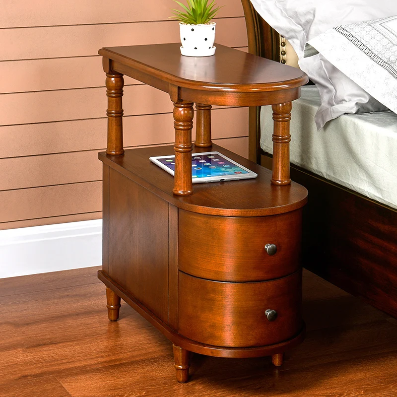 Traditional Vintage Rubberwood & Plywood Rounded-Edge Side Table Storage Rack 2 Drawers For Living Room