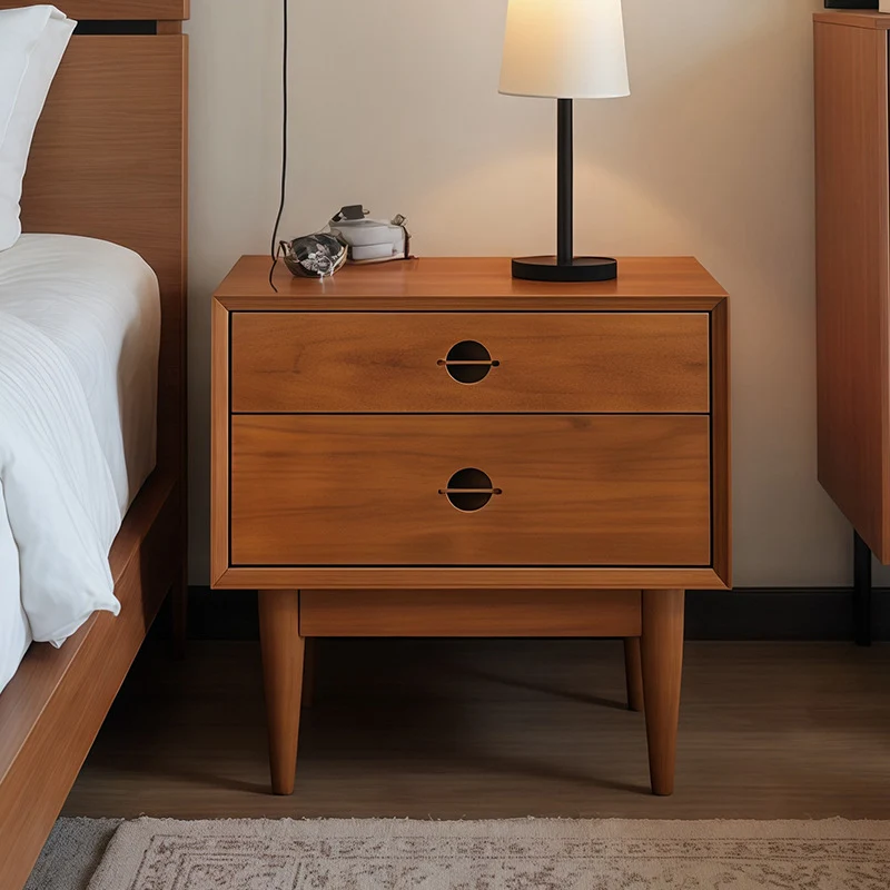 Traditional Chinese Solid Wood Cylindrical Square Nightstand 2-Drawer For Bedroom