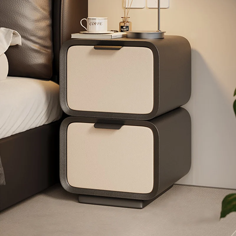 Modern Luxury Plywood Cat Scratch Leather Rounded Square Nightstand 2-Drawer For Bedroom