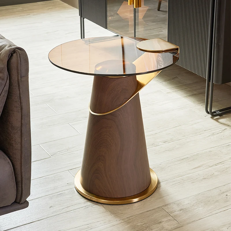 Contemporary Scandinavian Carbon Steel Tempered Glass Round Conical Coffee Table 1-Tier For Bedroom