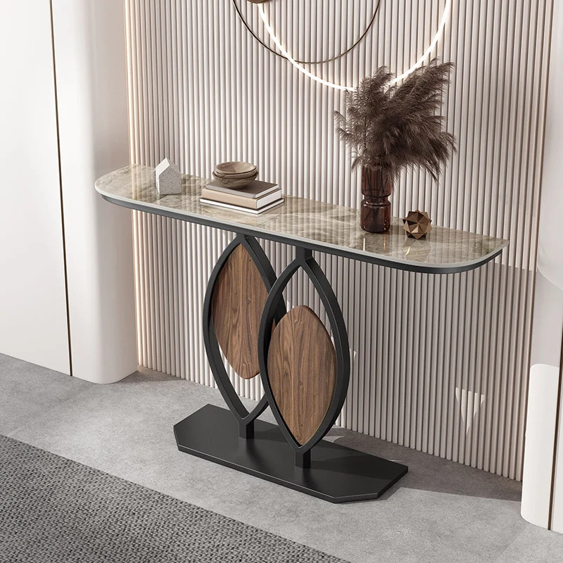 Contemporary Half Moon Console Table with Stone Top and Pedestal Base
