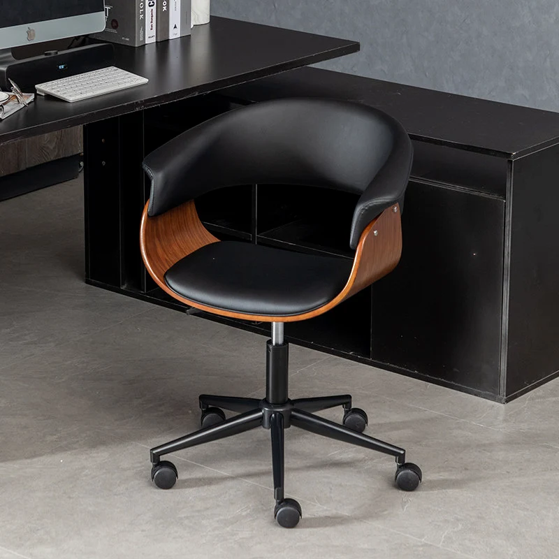 Modern Minimalist PU Leather Plywood Stainless Steel Iron Curved Ergonomic Adjustable Height Swivel Desk Chair With Backrest & Wheels For Home Office