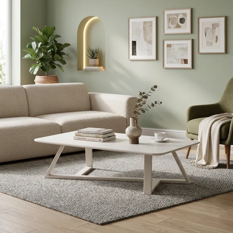 Modern Minimalist MDF & Carbon Steel Rounded Rectangular White Coffee Table For Living Room