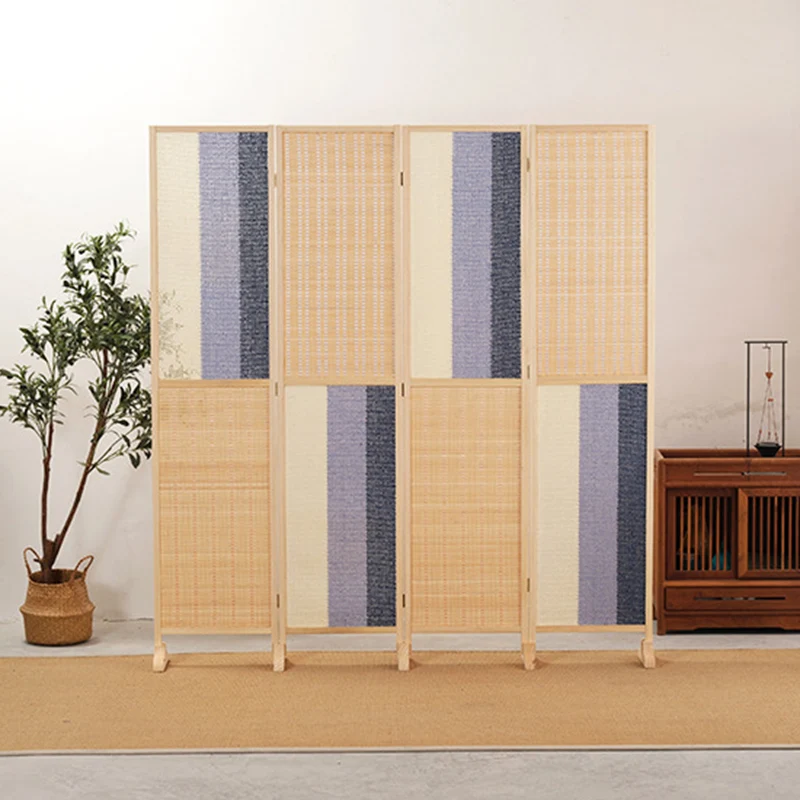 Traditional Japanese Solid Wood & Bamboo Strip & Paper Rope Weaving Rectangular Folding Room Divider Privacy Screen For Living Room