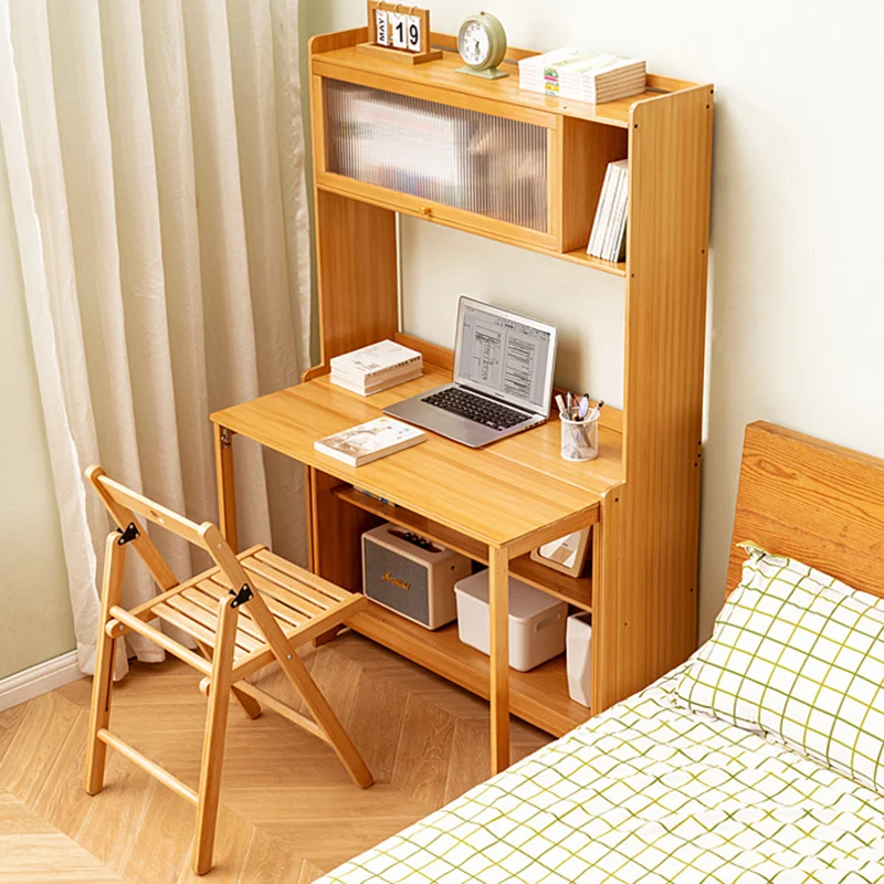 Traditional Vintage Bamboo MDF Acrylic Foldable Rectangular Kids Study Desk Chair Set With 4-Tier For Living Room