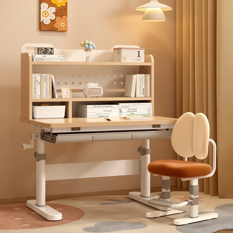 Traditional Chinese MDF Cold Rolled Steel Hand Crank Adjustable Rectangular Kids Study Desk Chair Set With 3-Tier For Bedroom