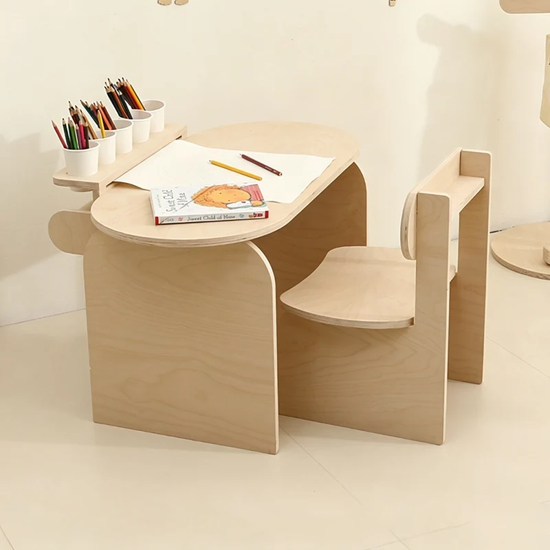 Modern Minimalist Marine Board Curved Oval Kids Study Desk Chair Set With 1-Tier For Living Room