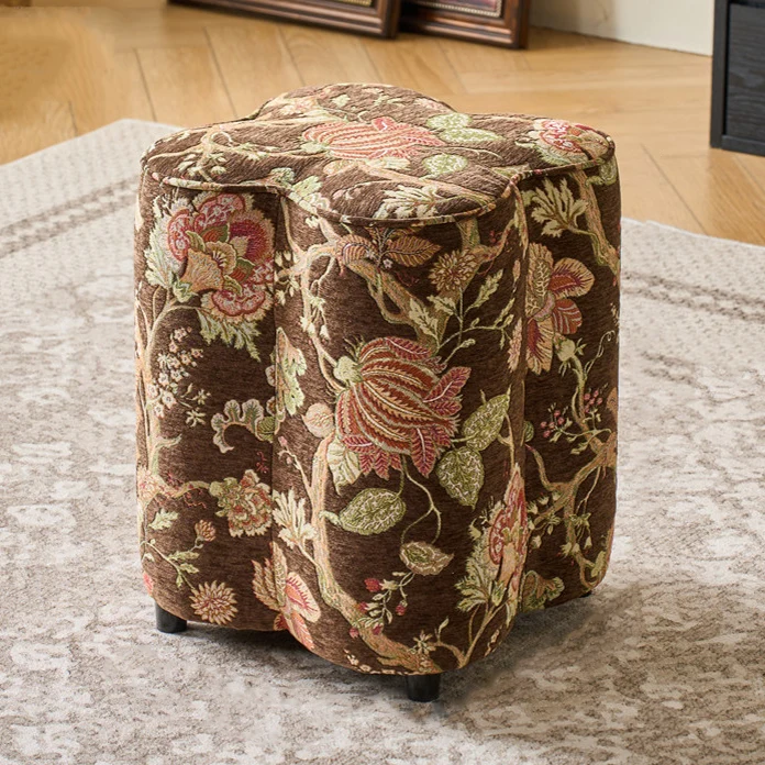 Traditional Chinese Pine Wood Sponge Chenille Velvet Petal-Shaped Low Stool Backless Armless For Entryway & Hallway
