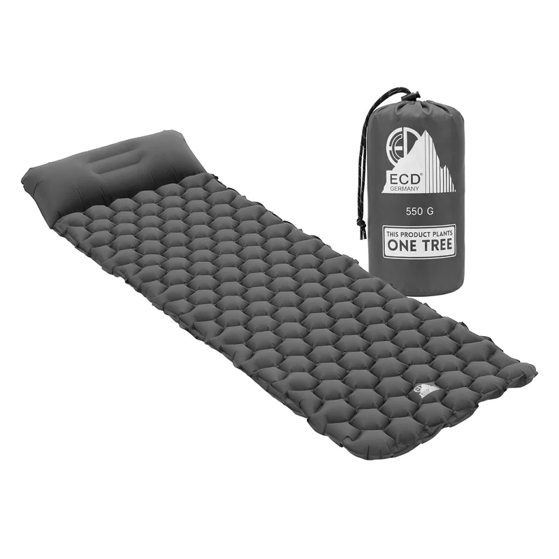 Isomatte Camping, Campingmatte aufblasbar, Grau, Luftmatratze Outdoor mit integriertem Kopfkissen, Ultraleicht, Kompakt & Faltbar